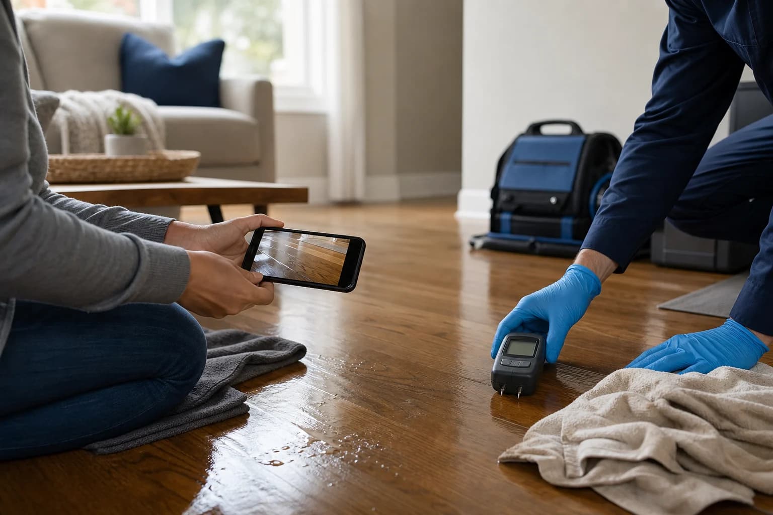 A homeowner documenting water on a hardwood floor while a restoration professional checks moisture levels.