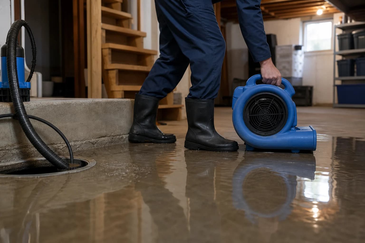A restoration professional placing an air mover in a basement with shallow standing water.