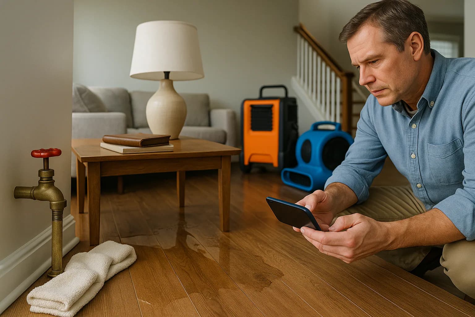A residential water restoration scene illustrating the response while you wait for help, with the affected area and professional equipment fully visible.