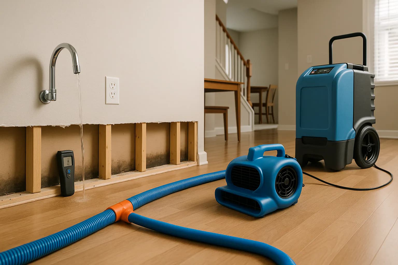 A residential water restoration scene illustrating when wet drywall needs to be removed, with the affected area and professional equipment fully visible.